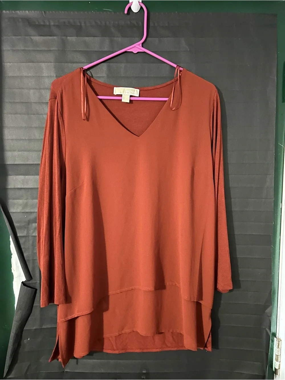 Michael Kors Rust Long-Sleeve V-Neck Layered Tunic with Shoulder Ties
